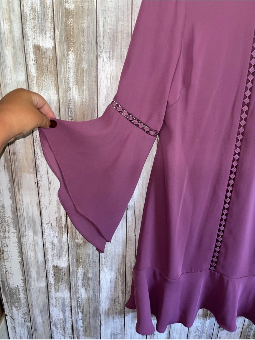 WHBM Warm Violet Bell Sleeve Shift Dress Lace Trim Purple Size 2 - Picture 5 of 10